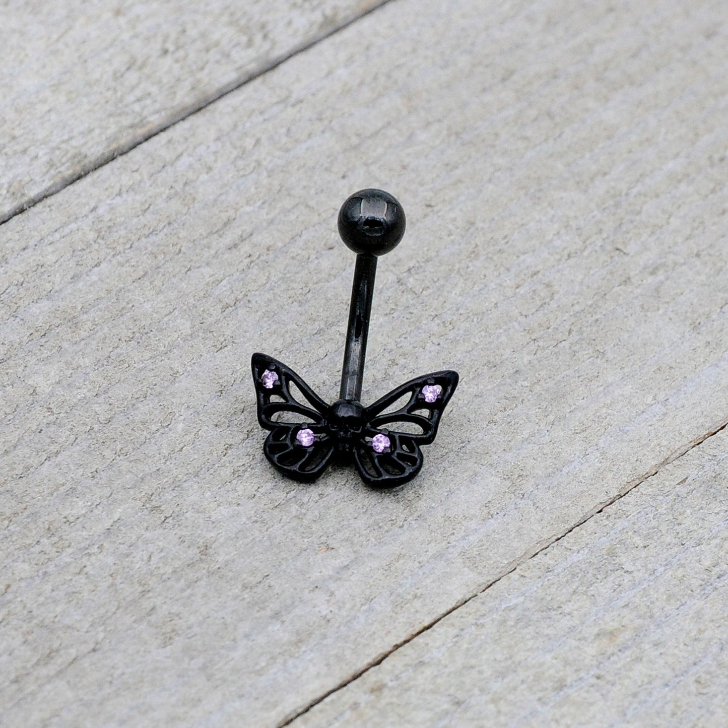 Purple CZ Gem Black Skull Butterfly Belly Ring