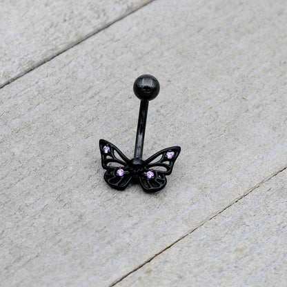 Purple CZ Gem Black Skull Butterfly Belly Ring