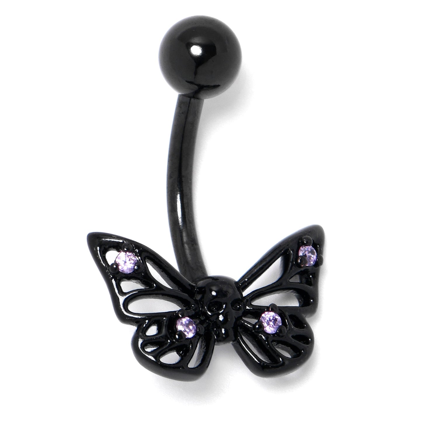 Purple CZ Gem Black Skull Butterfly Belly Ring