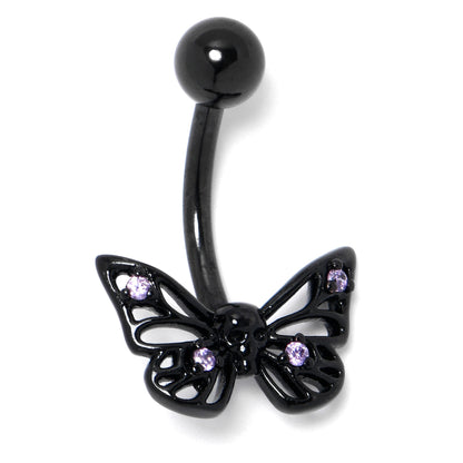 Purple CZ Gem Black Skull Butterfly Belly Ring