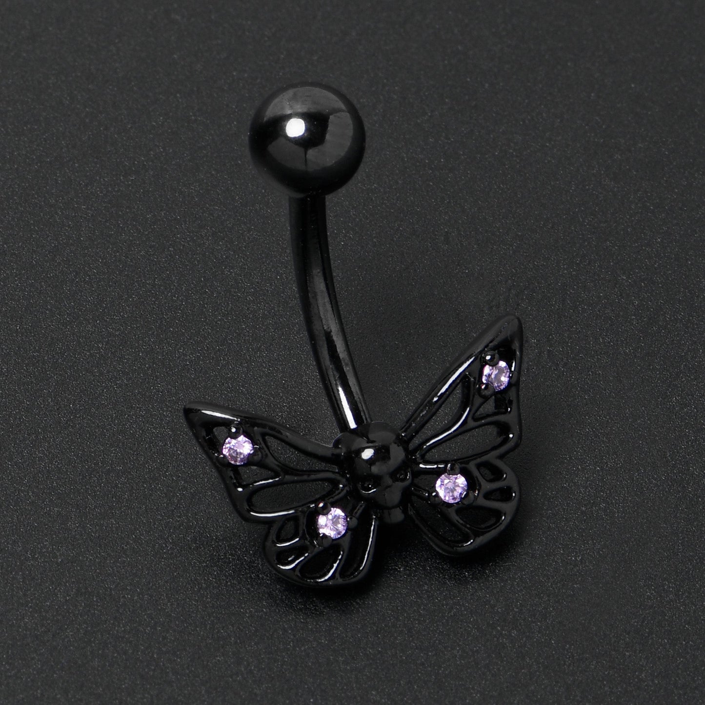 Purple CZ Gem Black Skull Butterfly Belly Ring
