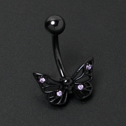 Purple CZ Gem Black Skull Butterfly Belly Ring