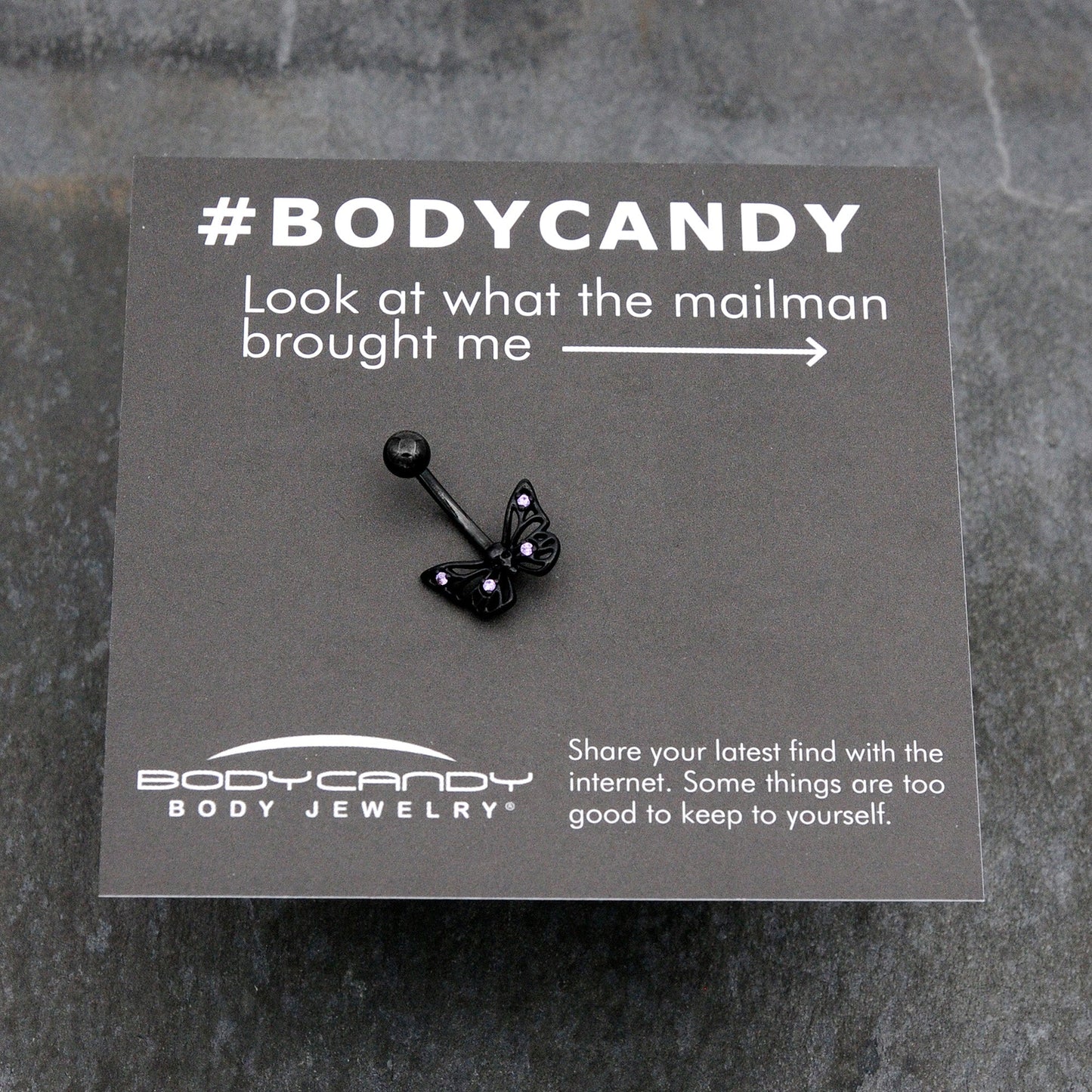 Purple CZ Gem Black Skull Butterfly Belly Ring