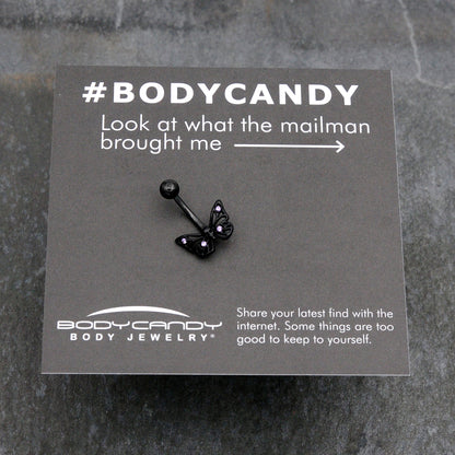 Purple CZ Gem Black Skull Butterfly Belly Ring