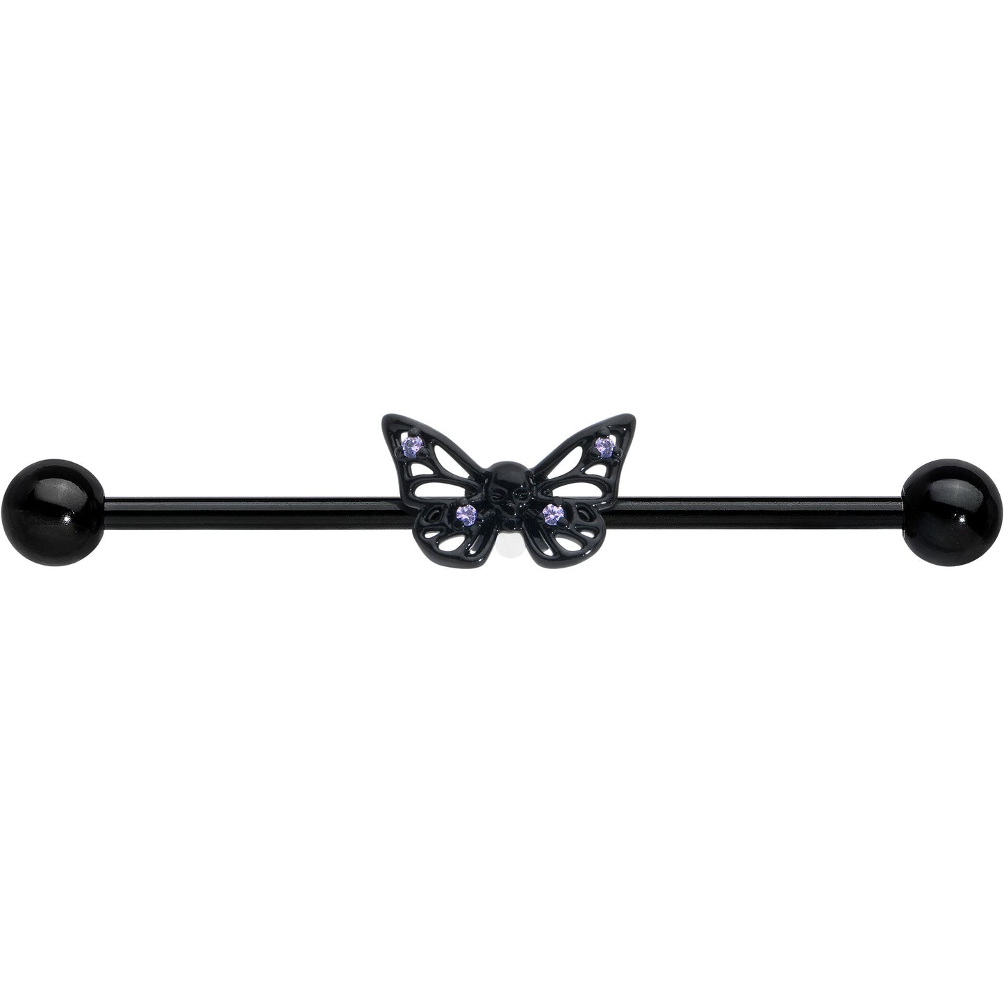 14G Purple CZ Gem Black Skull Butterfly Industrial Barbell 38mm