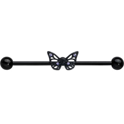 14G Purple CZ Gem Black Skull Butterfly Industrial Barbell 38mm