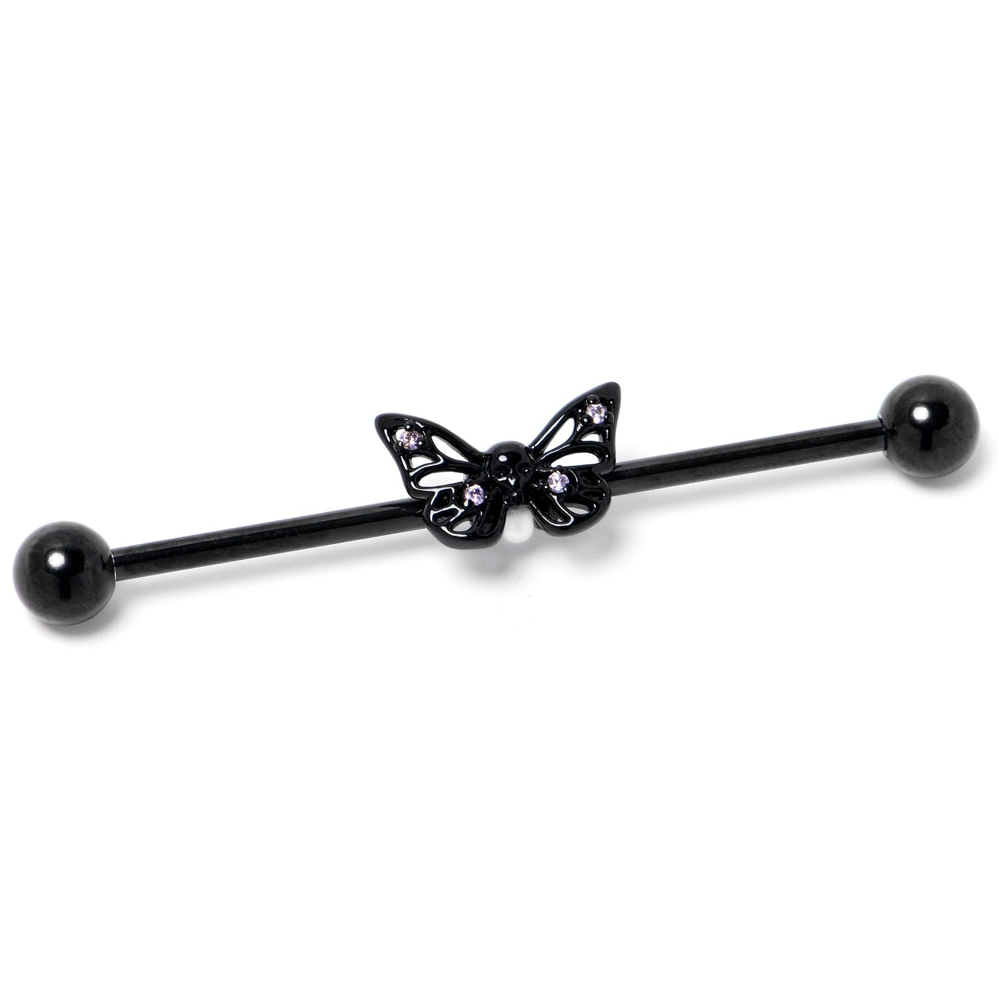 14G Purple CZ Gem Black Skull Butterfly Industrial Barbell 38mm