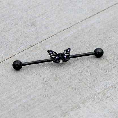 14G Purple CZ Gem Black Skull Butterfly Industrial Barbell 38mm