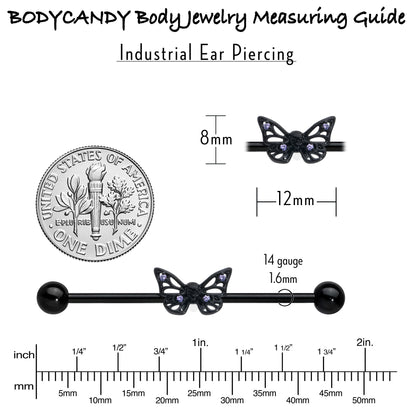 14G Purple CZ Gem Black Skull Butterfly Industrial Barbell 38mm