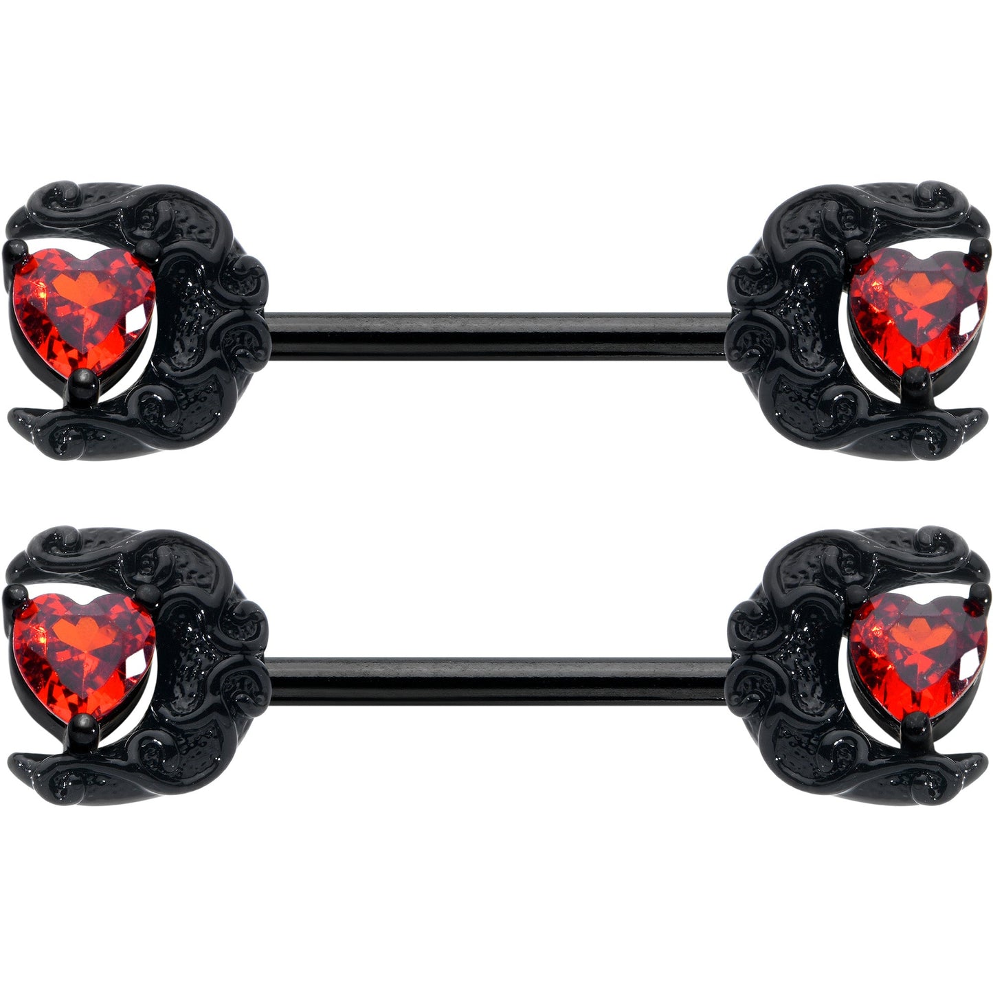 14G 9/16 Red CZ Gem Black Scroll Moon Heart Barbell Nipple Ring Set