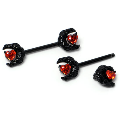 14G 9/16 Red CZ Gem Black Scroll Moon Heart Barbell Nipple Ring Set