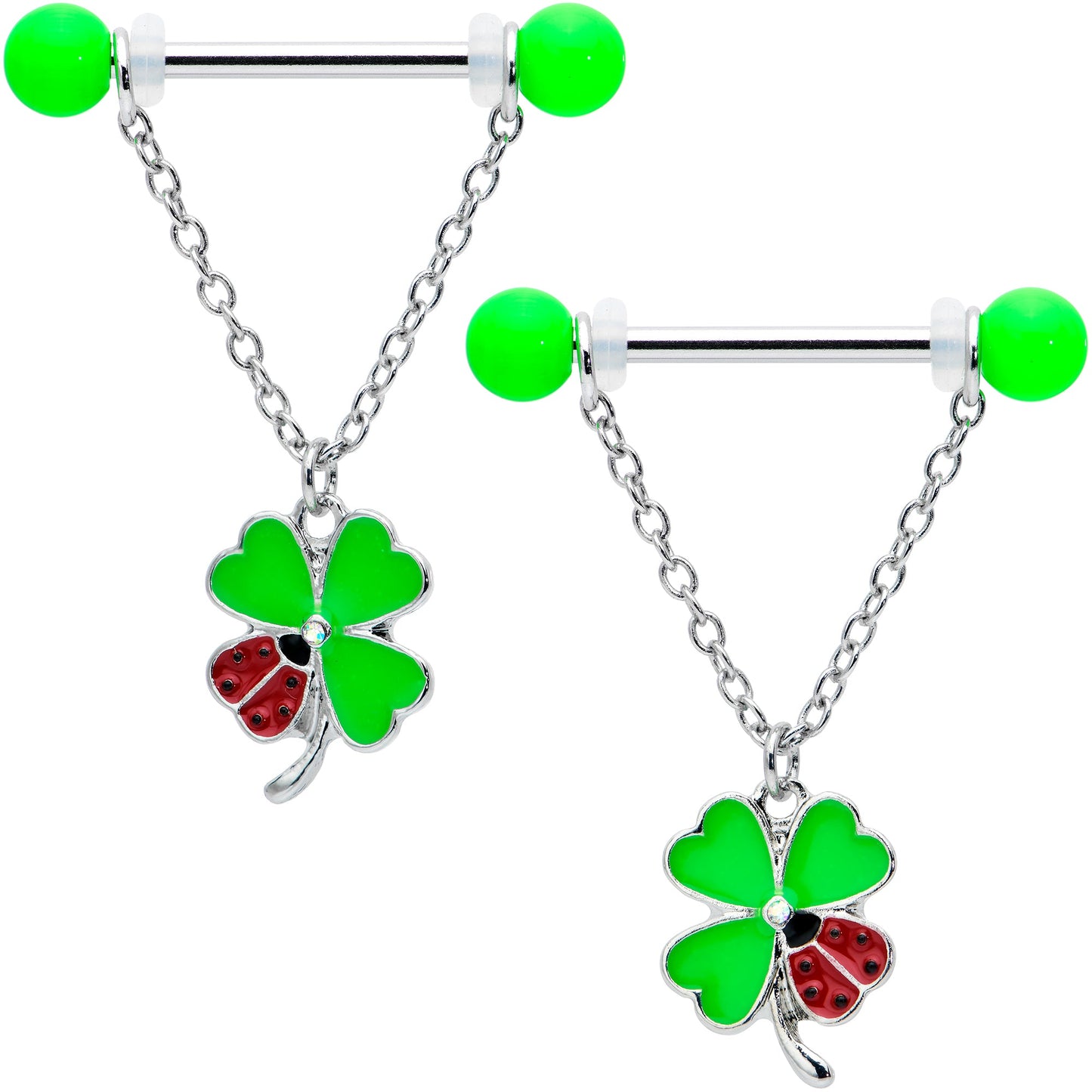 14G 11/16 Ladybug Shamrock UV Glow Chain Dangle Nipple Ring Set
