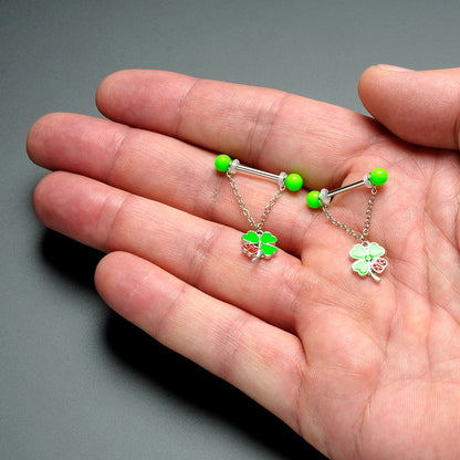 14G 11/16 Ladybug Shamrock UV Glow Chain Dangle Nipple Ring Set