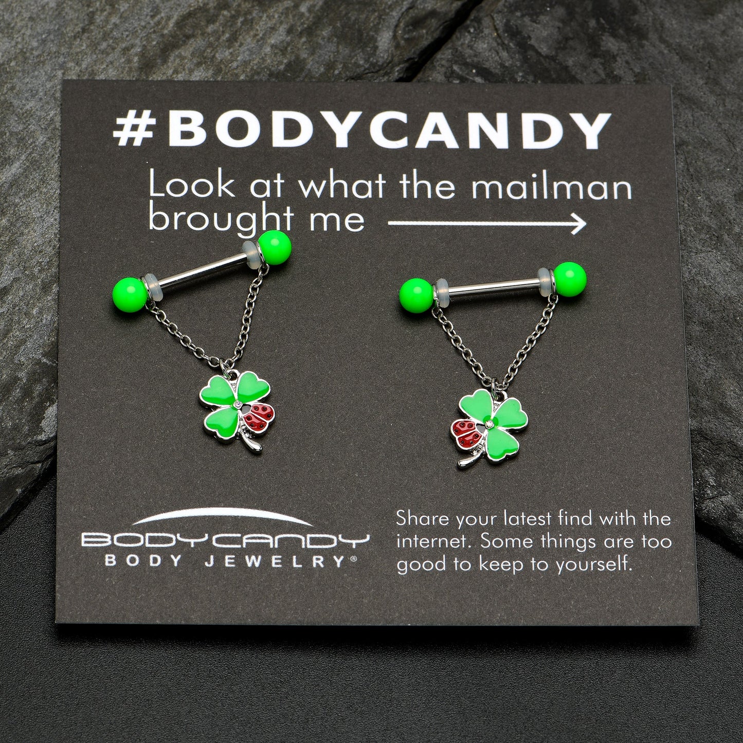 14G 11/16 Ladybug Shamrock UV Glow Chain Dangle Nipple Ring Set