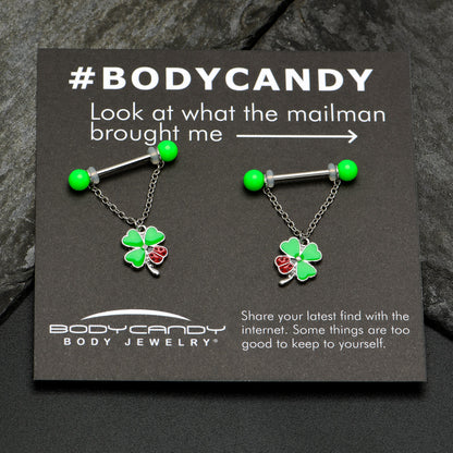 14G 11/16 Ladybug Shamrock UV Glow Chain Dangle Nipple Ring Set