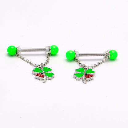 14G 11/16 Ladybug Shamrock UV Glow Chain Dangle Nipple Ring Set