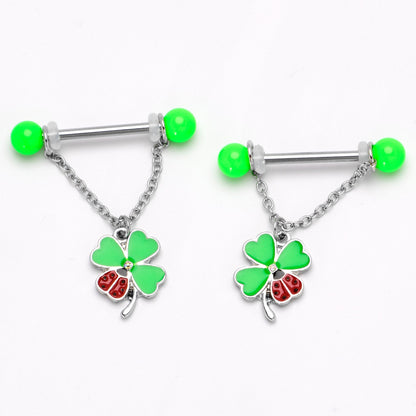 14G 11/16 Ladybug Shamrock UV Glow Chain Dangle Nipple Ring Set