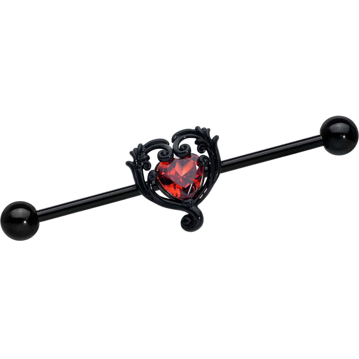 14G Red CZ Gem Black Passion Heart Industrial Barbell 38mm