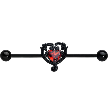 14G Red CZ Gem Black Passion Heart Industrial Barbell 38mm