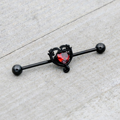 14G Red CZ Gem Black Passion Heart Industrial Barbell 38mm