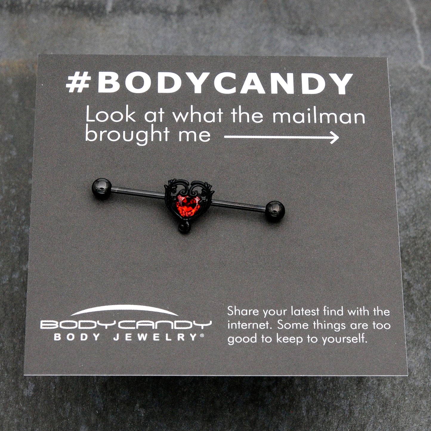 14G Red CZ Gem Black Passion Heart Industrial Barbell 38mm