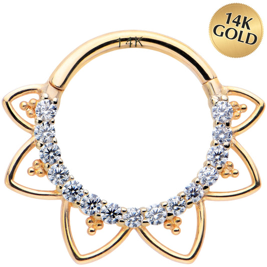 16G 3/8 Clear CZ Gem 14k Yellow Gold Filigree Hinged Segment Ring