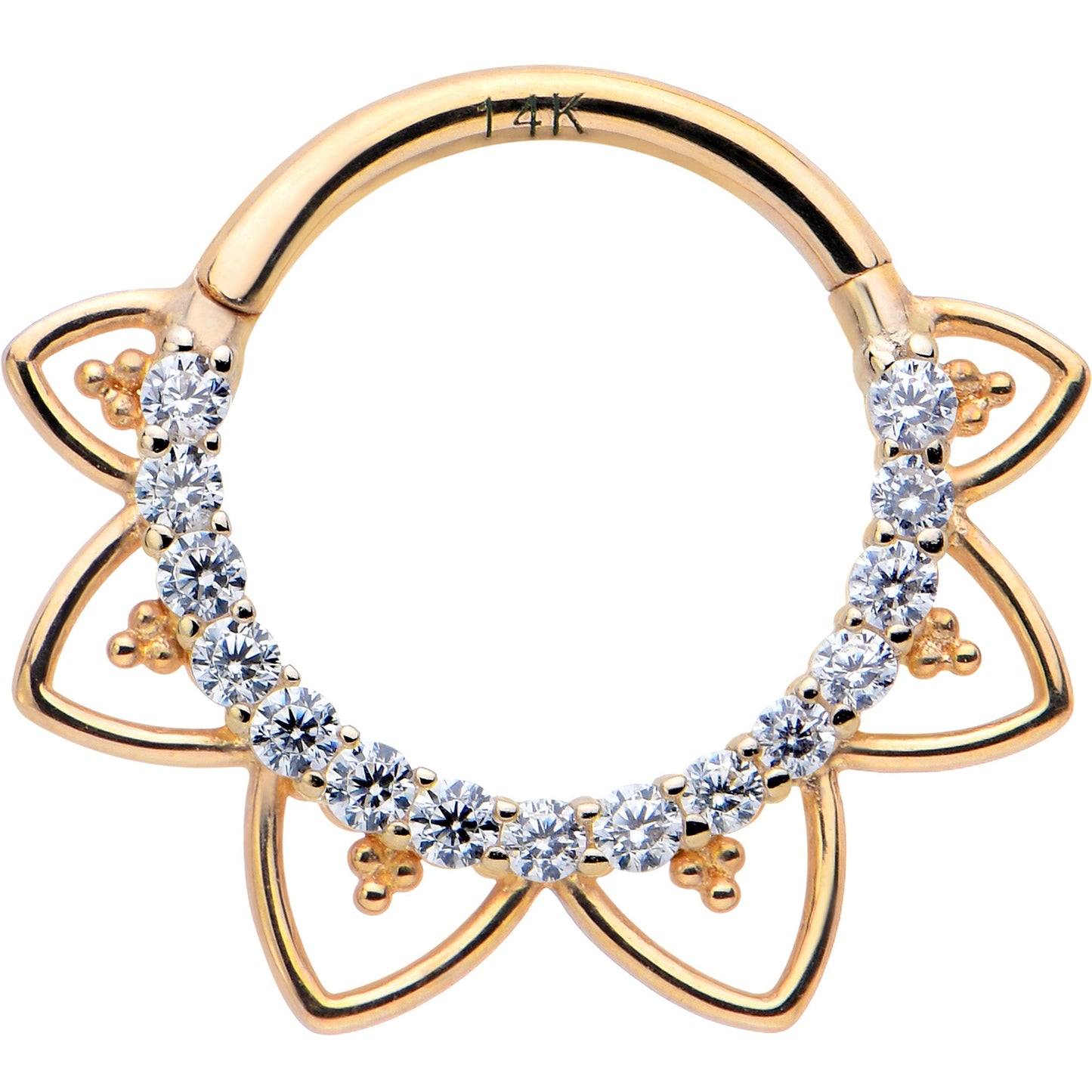 16G 3/8 Clear CZ Gem 14k Yellow Gold Filigree Hinged Segment Ring