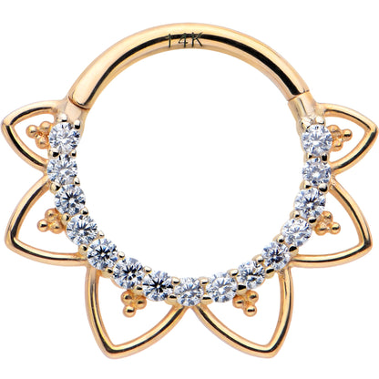 16G 3/8 Clear CZ Gem 14k Yellow Gold Filigree Hinged Segment Ring