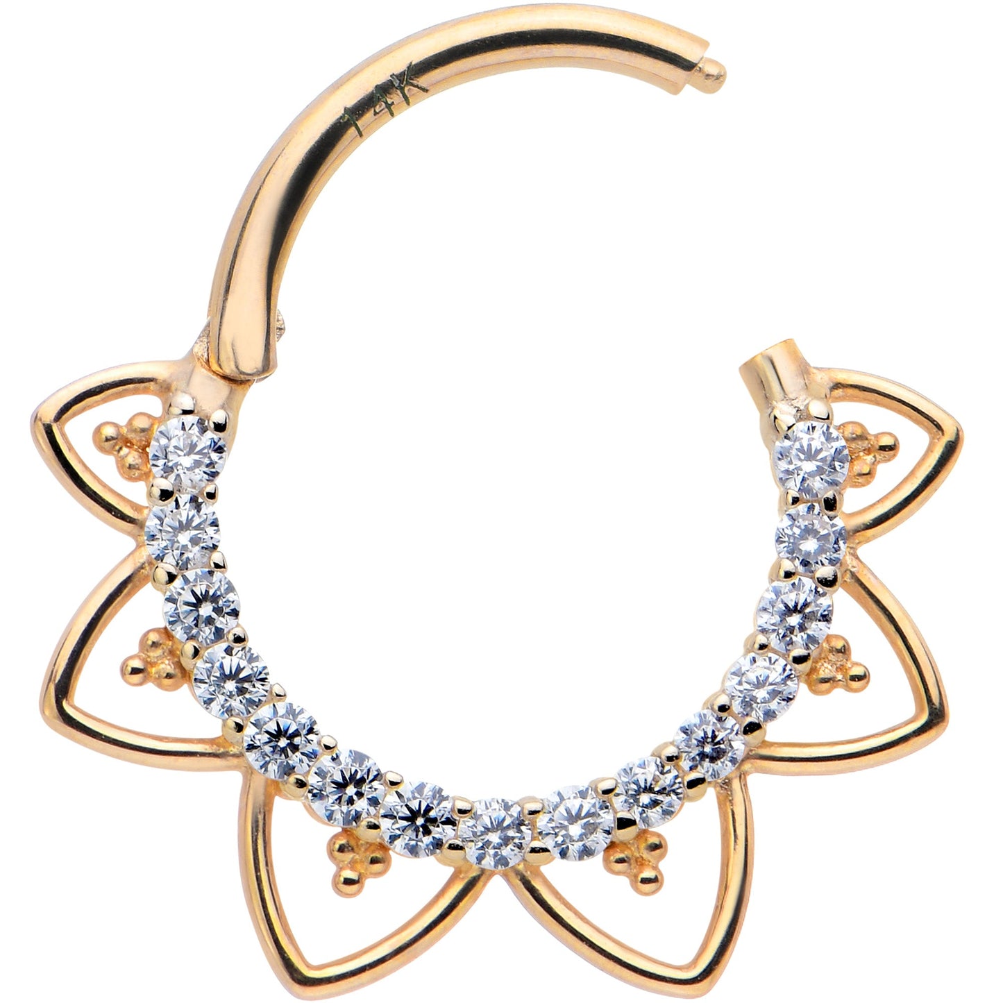 16G 3/8 Clear CZ Gem 14k Yellow Gold Filigree Hinged Segment Ring