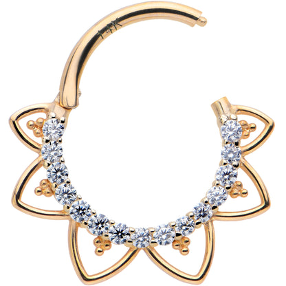 16G 3/8 Clear CZ Gem 14k Yellow Gold Filigree Hinged Segment Ring