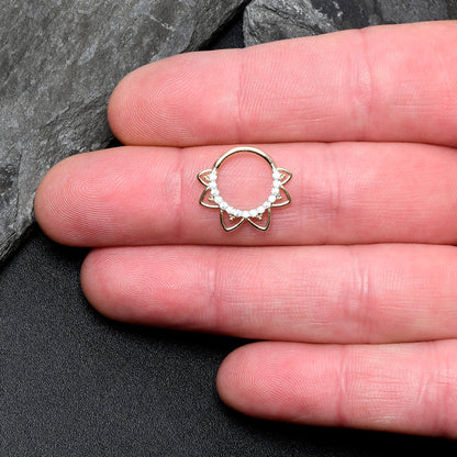 16G 3/8 Clear CZ Gem 14k Yellow Gold Filigree Hinged Segment Ring