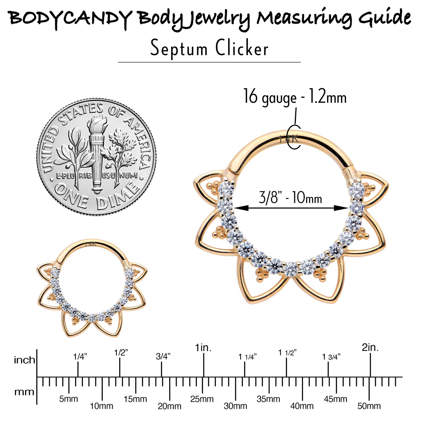 16G 3/8 Clear CZ Gem 14k Yellow Gold Filigree Hinged Segment Ring