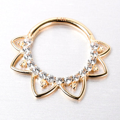 16G 3/8 Clear CZ Gem 14k Yellow Gold Filigree Hinged Segment Ring