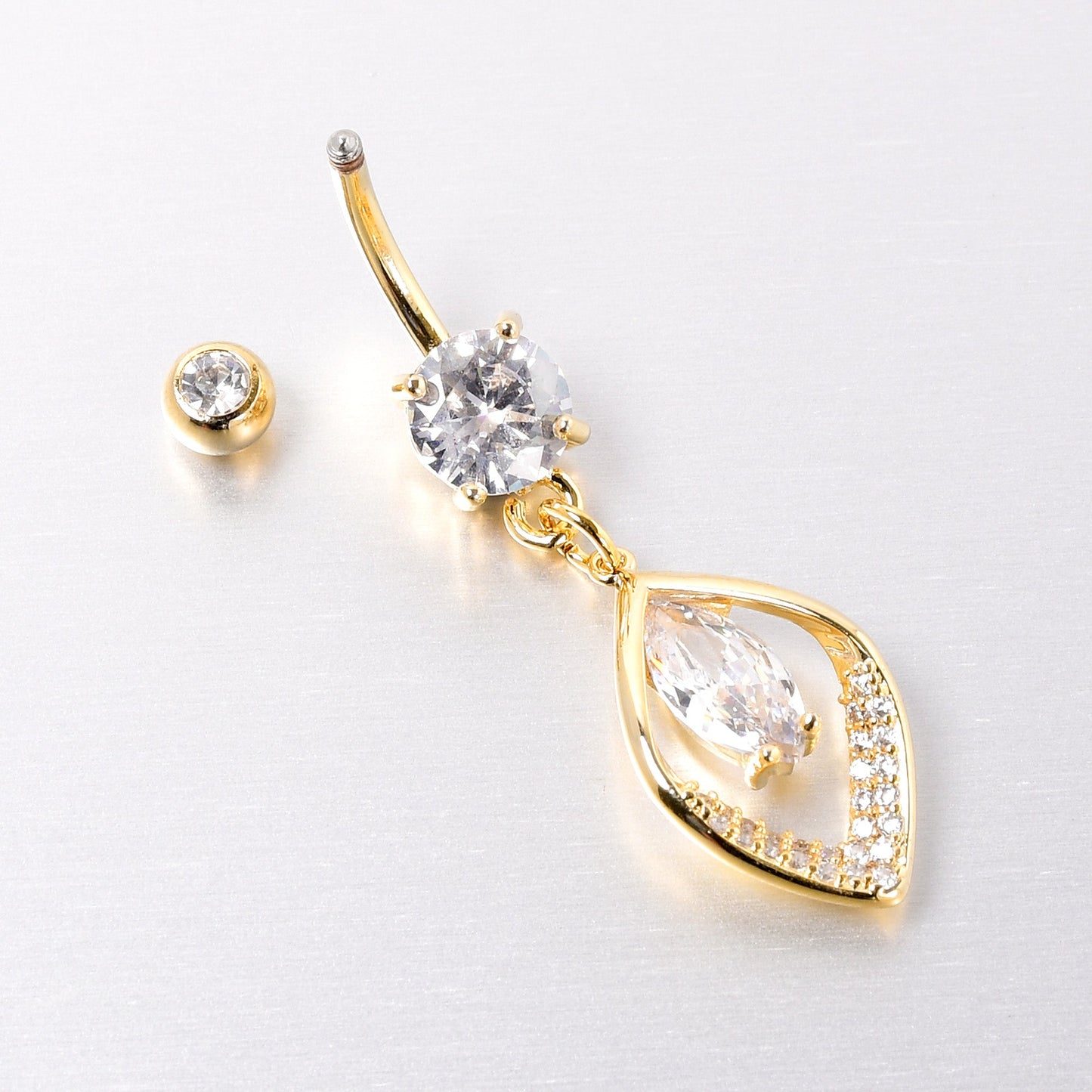 Clear CZ Gem Gold Tone Lush Leaf Dangle Belly Ring