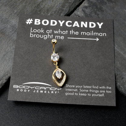 Clear CZ Gem Gold Tone Lush Leaf Dangle Belly Ring