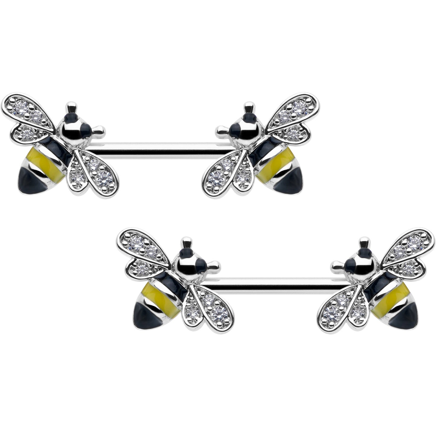 14G 9/16 Clear CZ Gem Honey Bees Barbell Nipple Ring Set