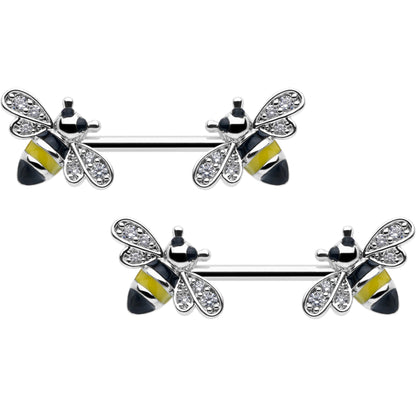 14G 9/16 Clear CZ Gem Honey Bees Barbell Nipple Ring Set