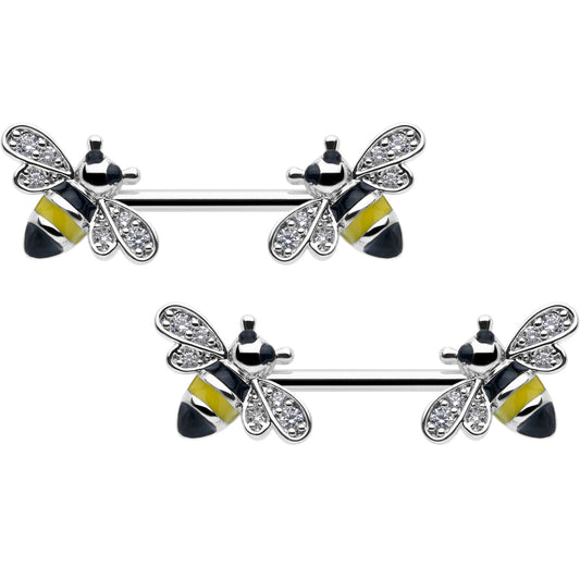 14G 9/16 Clear CZ Gem Honey Bees Barbell Nipple Ring Set