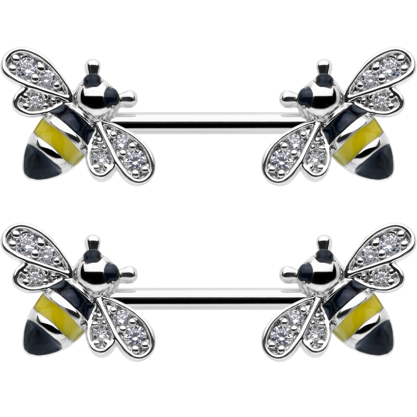 14G 9/16 Clear CZ Gem Honey Bees Barbell Nipple Ring Set