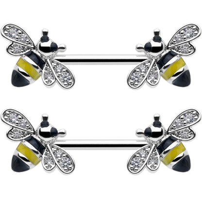 14G 9/16 Clear CZ Gem Honey Bees Barbell Nipple Ring Set