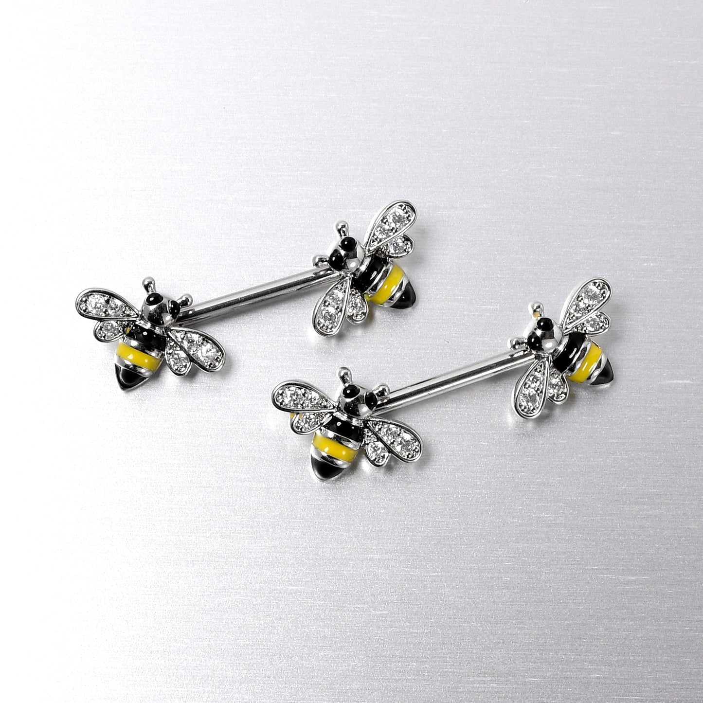 14G 9/16 Clear CZ Gem Honey Bees Barbell Nipple Ring Set