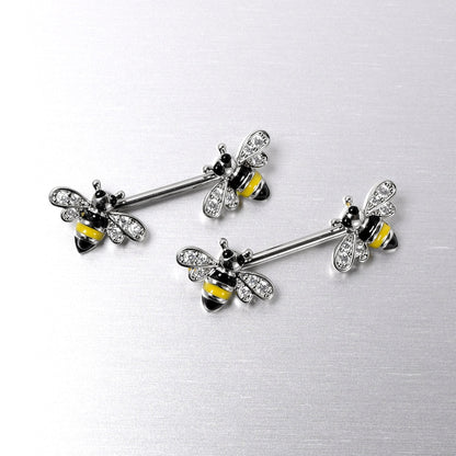 14G 9/16 Clear CZ Gem Honey Bees Barbell Nipple Ring Set