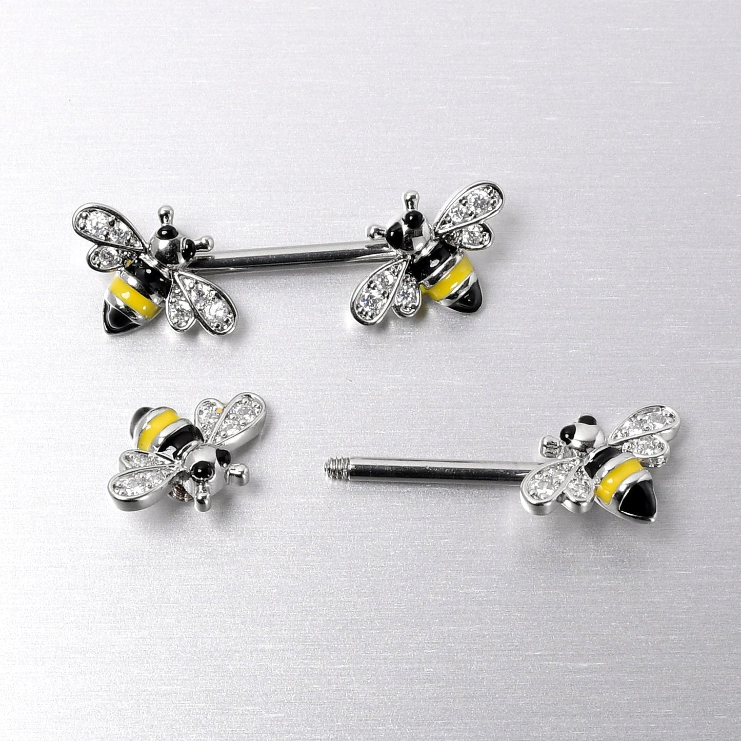 14G 9/16 Clear CZ Gem Honey Bees Barbell Nipple Ring Set
