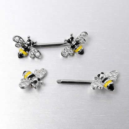 14G 9/16 Clear CZ Gem Honey Bees Barbell Nipple Ring Set