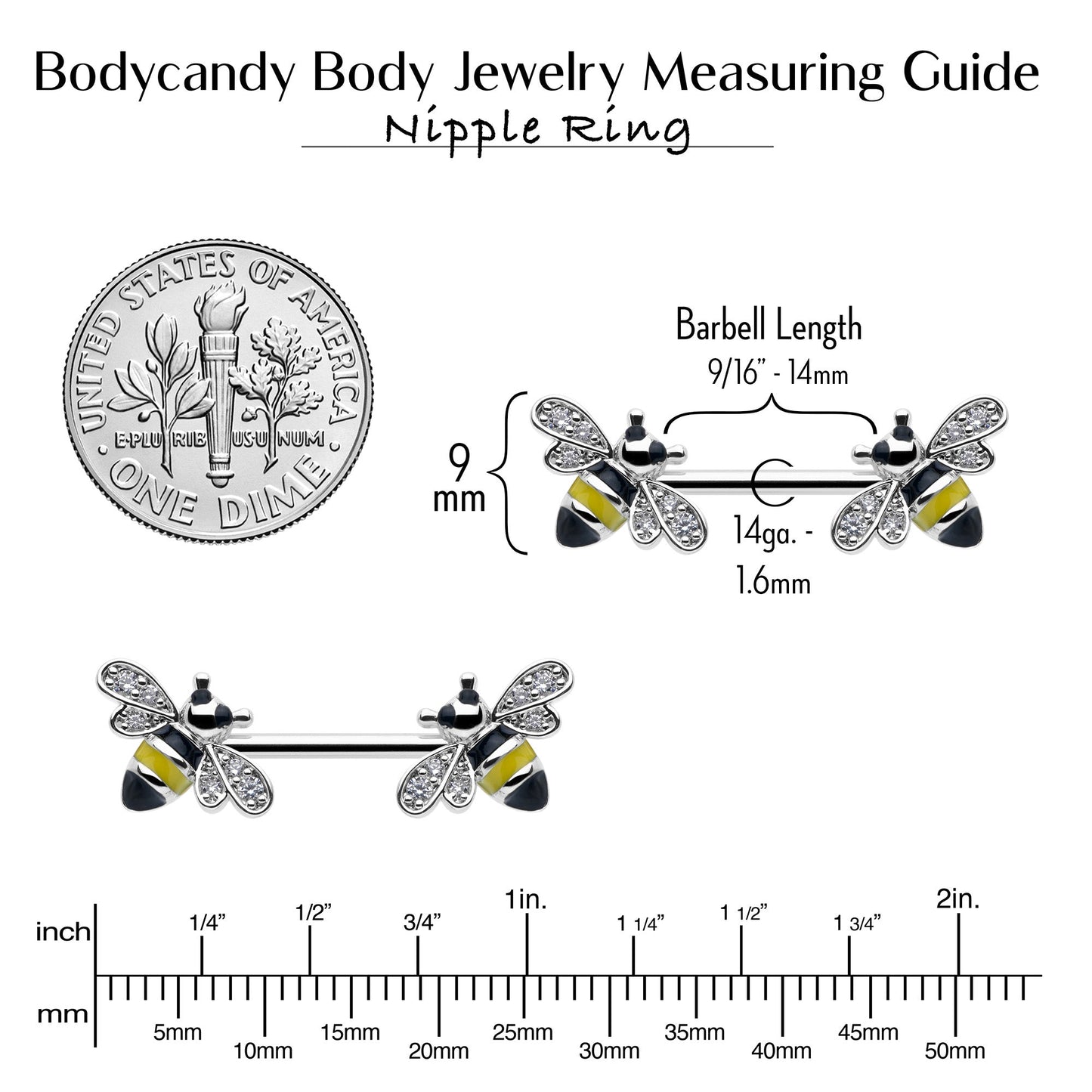 14G 9/16 Clear CZ Gem Honey Bees Barbell Nipple Ring Set