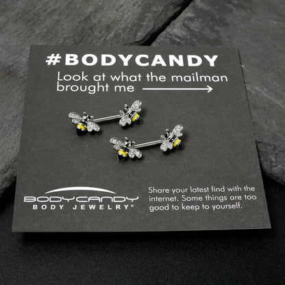 14G 9/16 Clear CZ Gem Honey Bees Barbell Nipple Ring Set
