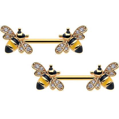 14G 9/16 Clear CZ Gem Gold Hue Honey Bees Barbell Nipple Ring Set