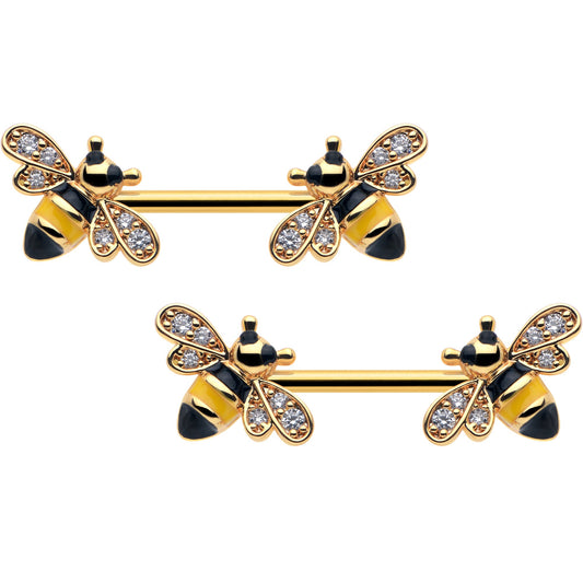 14G 9/16 Clear CZ Gem Gold Hue Honey Bees Barbell Nipple Ring Set
