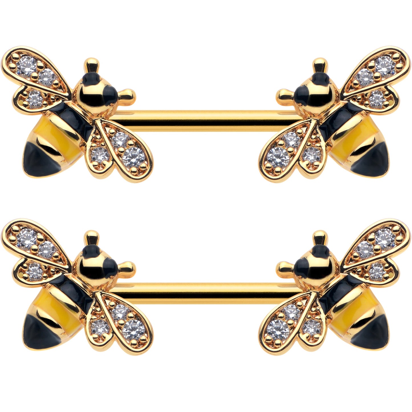 14G 9/16 Clear CZ Gem Gold Hue Honey Bees Barbell Nipple Ring Set