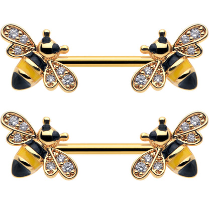 14G 9/16 Clear CZ Gem Gold Hue Honey Bees Barbell Nipple Ring Set